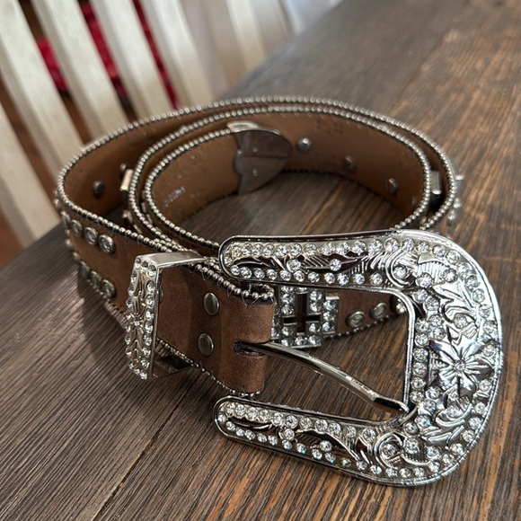 Nocona Leather Rhinestone, Hearts, Cross Western Belt Size Large EUC Bling - Picture 1 of 8